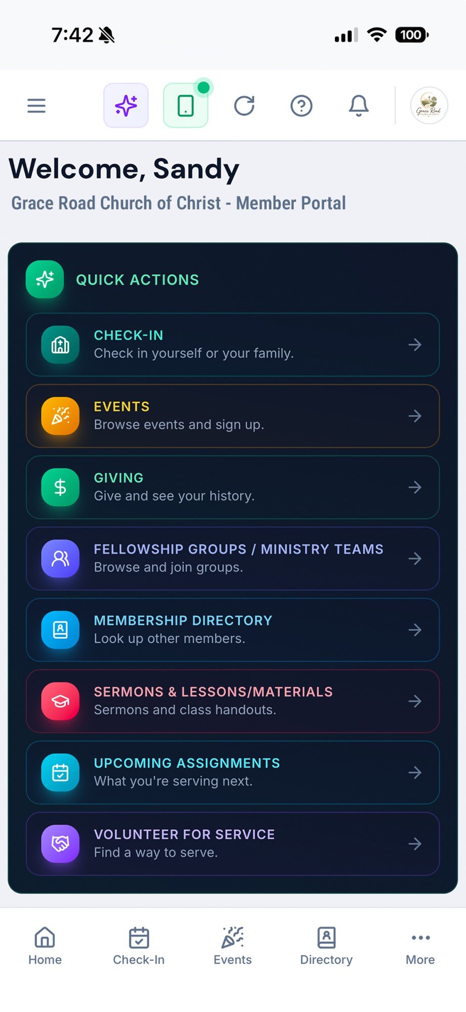The FaithLedger member portal on a phone: check-in, events, giving, groups, directory and sermons